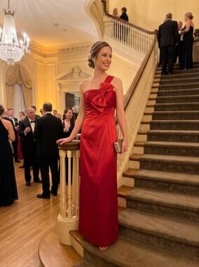 1.2.3 PARIS Red Satin One Shoulder Bow Gown Maxi Formal Dress Sz 4 / FR 36